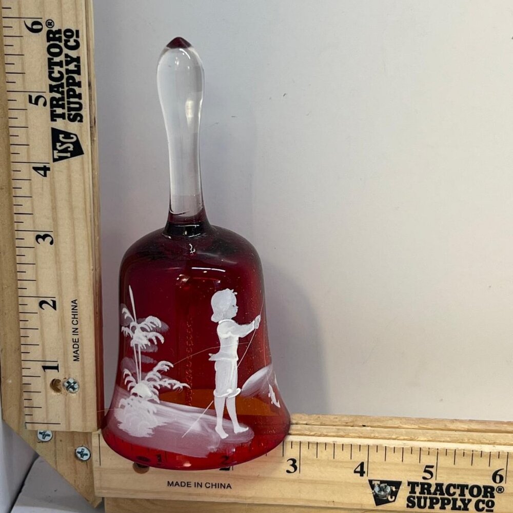 Vintage Red Crystal Glass Hand Bell White Etched Boy Fishing Scene 6 Inches - Picture 1 of 3